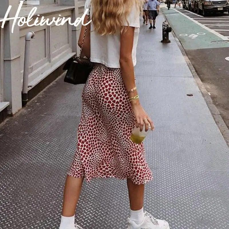

2019 Spring Summer Women High Waisted Print Skirt Imitation Silk Long Skirt Slim Midi Leopard Print Heart Shape Print Skirts