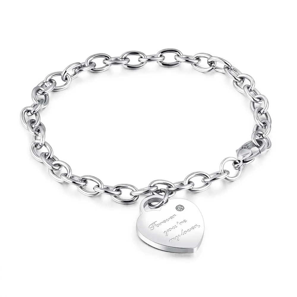 JeeMango Trendy Titanium Stainless Steel Heart Charm Bracelets Rose Gold Color Female Models Love Chain& Link Bracelets JB18195 - Metal Color: Steel Color