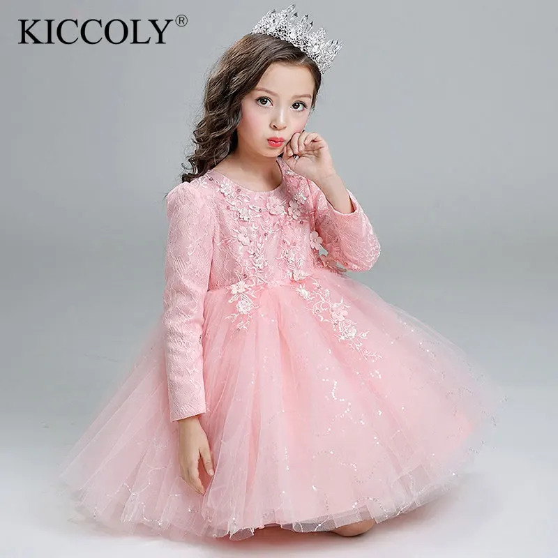 ФОТО Top Quality Brand Girl Wedding Dress Sequin Princess Party Dress Kids Girl Tutu Dress Infants Long-sleeve Bridesmaid Clothes
