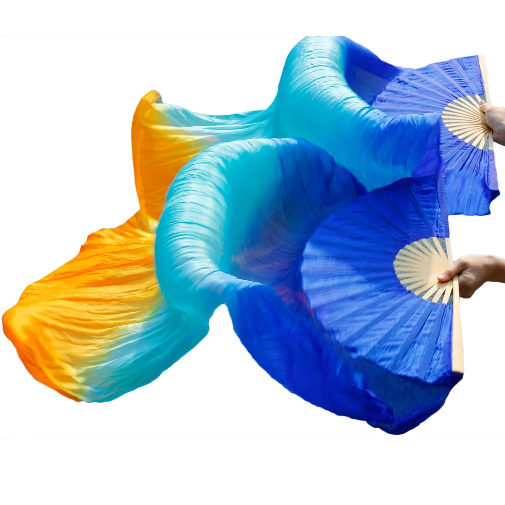 2018 Newest Belly Dance 100% Silk Fans Handmade Dance Fans 1 Left Hand+1 Right Hand Royal blue + Turquoise + Orange