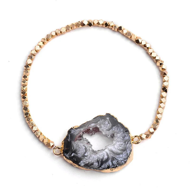 BoJIU модный большой натуральный камень кварц друзы браслеты с подвесками для женщин ручной работы золотое покрытие медные бусы браслет Drusy BCSET131 - Окраска металла: Grey 2