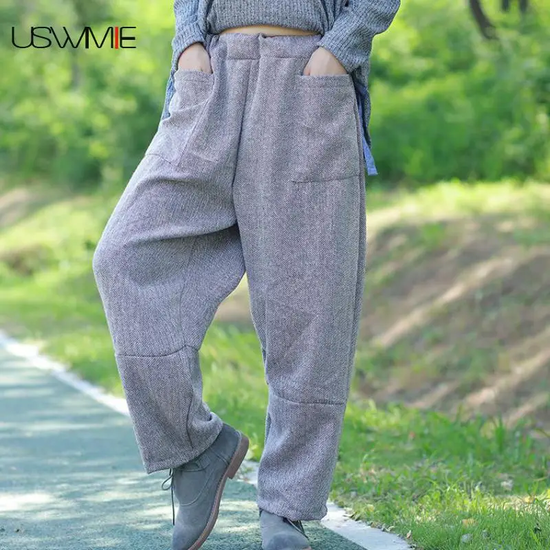

USWMIE 2018 Spring Casual Baggy Pants New Simple Retro Joker Solid Color Pockets Elastic Waist Loose Comfort Flax Wide Leg Pants