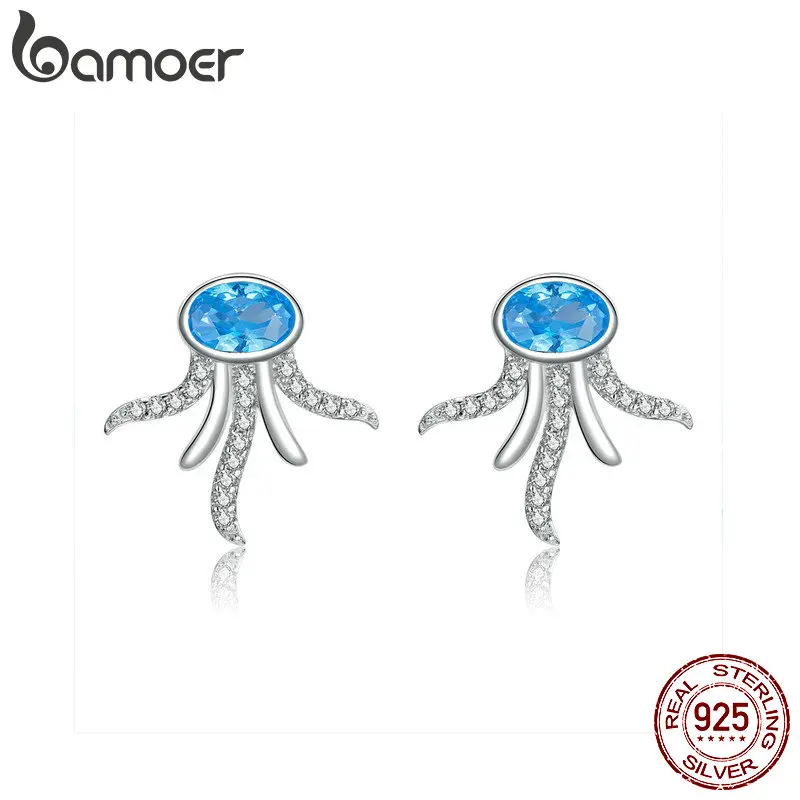 

bamoer Ocean Octopus Stud Earrings for Kids Anti-allergy Silver 925 Crystal Statement Jewelry for Girls Fashion Jewelry BSE122