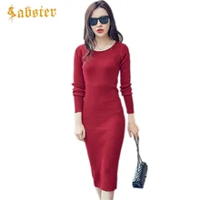 Длинные Платья-свитеры Для женщин Bodycon платье офис элегантные пикантные халат платье О-образным вырезом Для женщин вязаное платье 2017