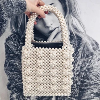 

Fashion Vintage Female Top-handle Purse Small Flap Evening Bag Handmade Pearl Lady Luxury Handbags Box beaded Bag Brand