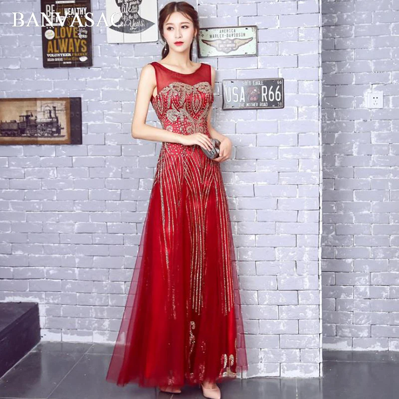 

BANVASAC 2018 O Neck Sequined Embroidery A Line Long Evening Dresses Elegant Party Lace Tank Open Back Prom Gowns