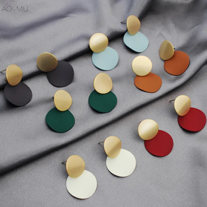 

AOMU Korea Trendy S925 Sterling Silver Pin Prevent Allergy Hit Color Geometric Round Copper Dangle Earrings for Women Girl