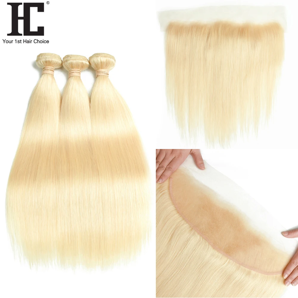 

HC 613 Blonde Bundles With Frontal Remy Straight Hair Bundles Blonde Malaysian Hair Weave 2 / 3 Bundles With 13x4 Lace Frontal