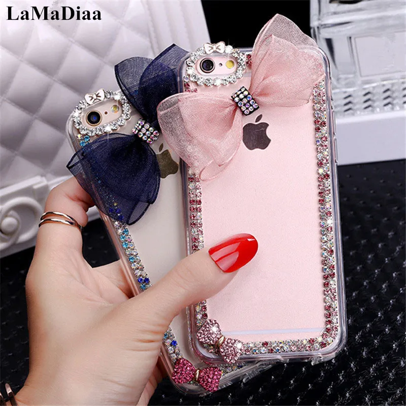 

For SamsungS8 S9 S10 PLUS Note 8 9 For iPhone6 7 8 PLUS XS MAX XR Glitter Cute Bow Crystal Rhinestone Phone Case Soft Back Cover