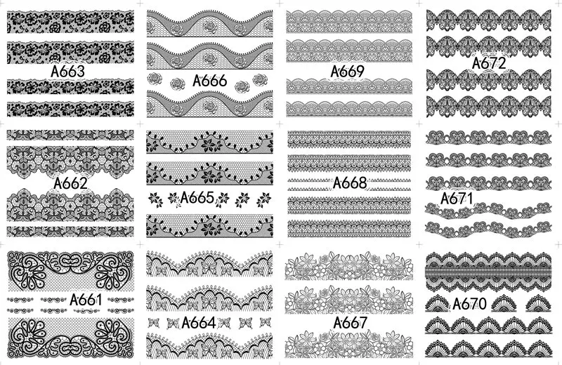 12 листов черные кружевные водоотталкивающие наклейки для ногтей Цветочные наклейки маникюрные украшения для ногтей Инструменты - Цвет: A661-672