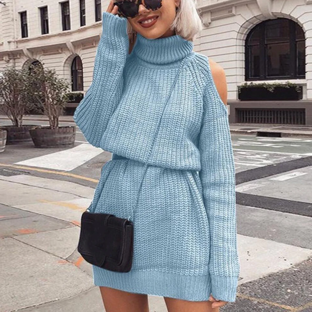 

Laamei Autumn Winter Turtleneck Off Shoulder Knitted Sweater Dress Women Solid Slim Plus Size Long Pullovers Knitting Jumper