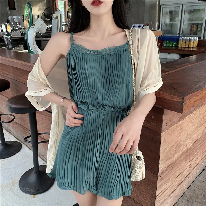 

Tracksuit Women Biker Shorts 2 Two Piece Club Outfits Chiffon Pleated Set Matching Set Sexy Top and Pants Festival Clothing