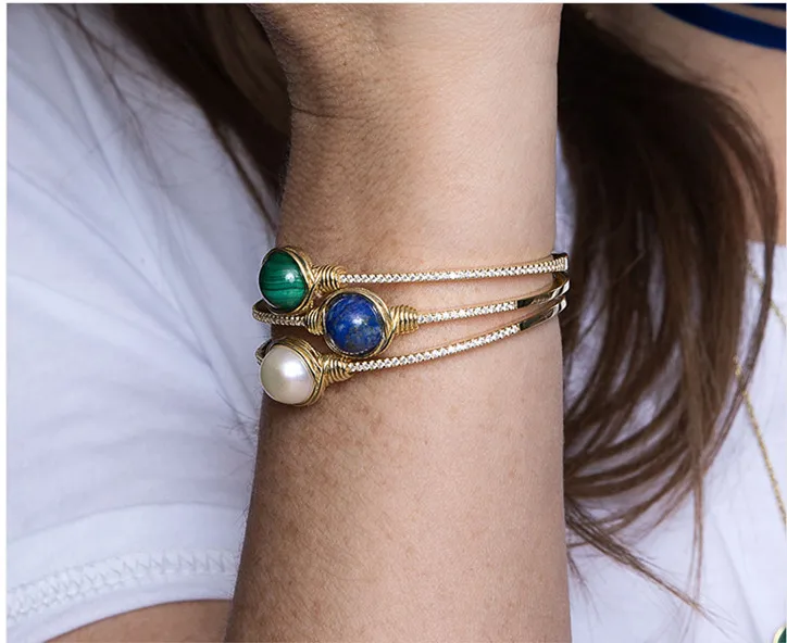 

ZOZIRI brand 925 sterling silver monaco jewelry nature malachite bead ball bangle gold zircon blue shell ball cuff bracelet