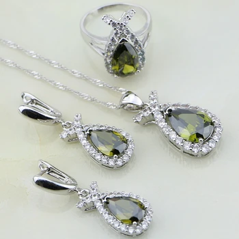 

Olive Green Cubic Zirconia White CZ 925 Sterling Silver Jewelry Sets For Women Wedding Earrings/Pendant/Necklace/Ring 3PCS
