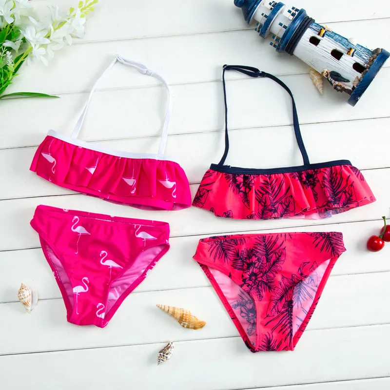 

New 2019 Girls Swimwear Print Flamingo Swimsuit Kids Bikini Sets Kid Girls Beach wear Biquini infantil-K337/SW342