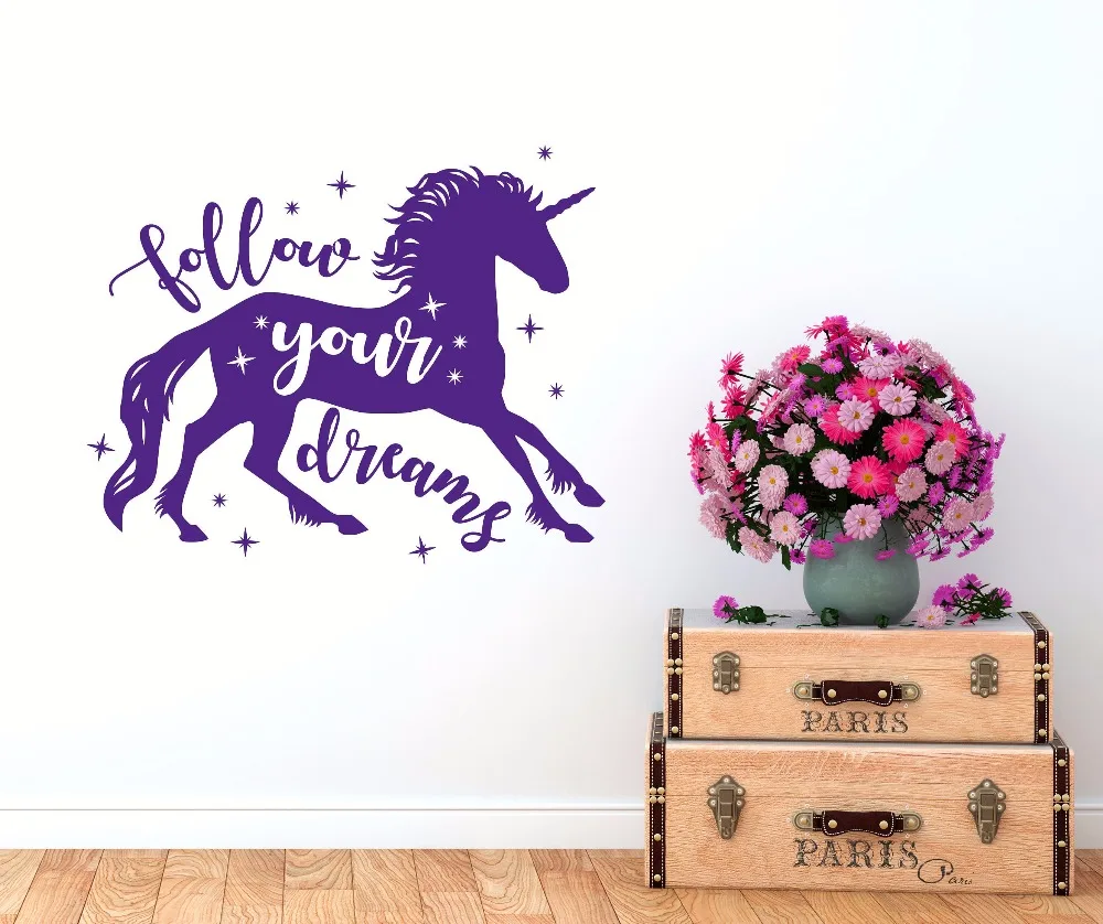 YOYOYU Art Home Decor Волшебный Единорог надписью Follow your dreams Наклейка на стену Виниловая