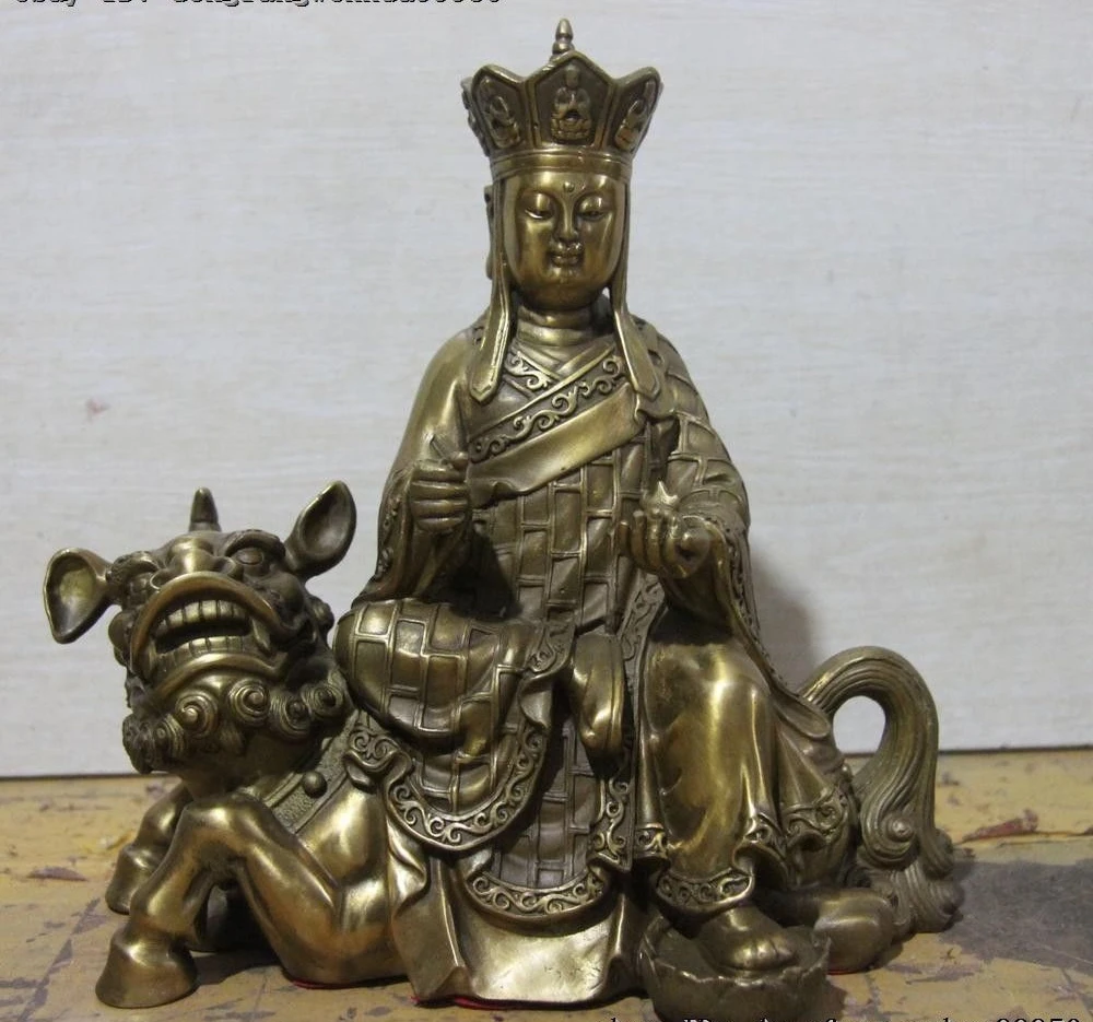 Chinese Brass Copper Tang Seng San Zang Ksitigarbha Ride Unicorn Buddha StatueStatues