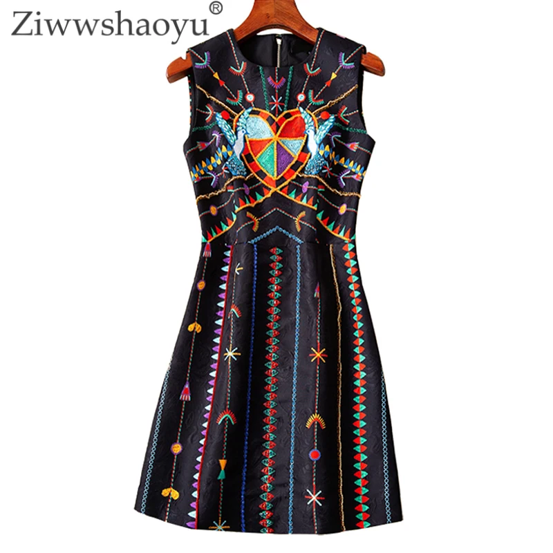 Ziwwshaoyu أنيقة الجاكار البسيطة فساتين س الرقبة الديكور الماس التطريز ضئيلة خزان اللباس الربيع و الصيف جديد المرأة