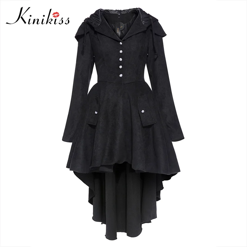 Kinikiss Women Trench Coat 2017 Black Gothic Overcoat Hooded Bow Button Lace Up Vintage Tailcoat Fashion Slim Overcoat