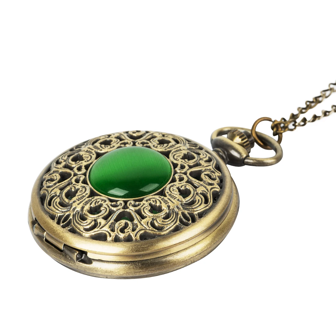 Vintage Bronze imitation Emerald gem pocket watch Hollow Men Women Quartz Pocket Watch Necklace Pendant gift