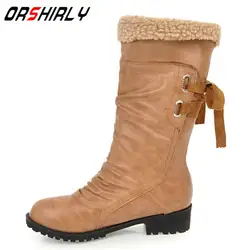 Orshirly/женские ботинки до середины икры повседневные однотонные ботинки без шнуровки с круглым носком, со складками, Осень-зима, ручная
