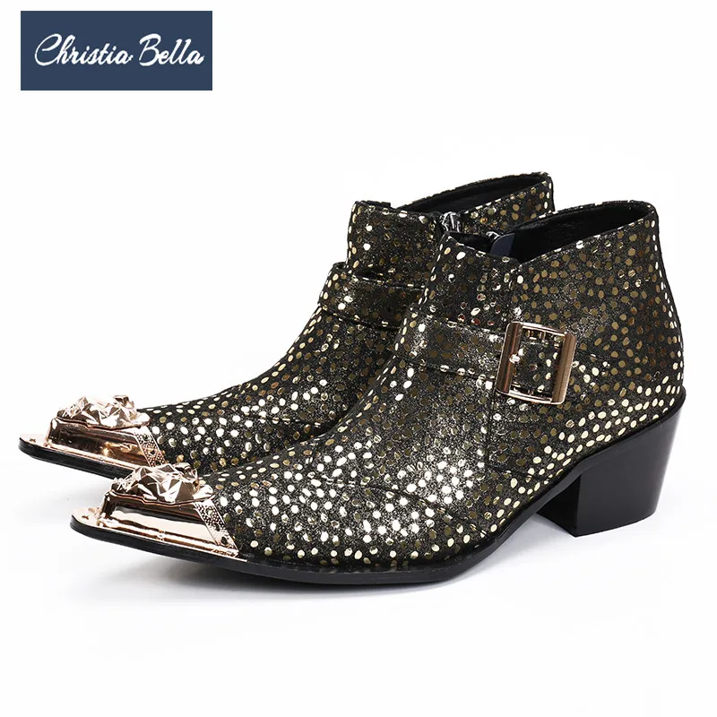 

Christia Bella New Fashion Gold Genuine Leather Men Boots Winter Pointed Toe Men Ankle Boots Large Size Motorcycle Short Boots