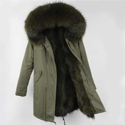 Зимняя женская куртка из натурального Лисьего меха, длинная парка, пальто из натурального меха, Толстая теплая уличная одежда, повседневная отстегивающаяся брендовая Роскошная куртка - Цвет: full green D