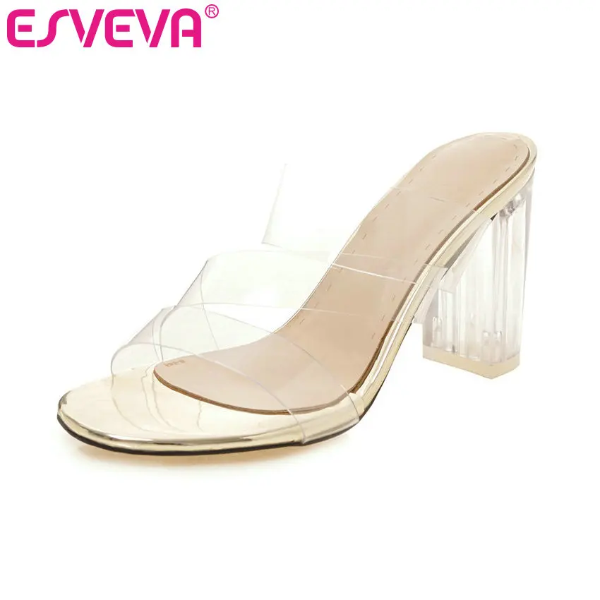 

ESVEVA 2019 Women Sandals Square High Heel Transparent Heel Slingback Round Toe Casual Fashion Summer Slippers Shoes Size 34-43