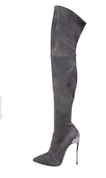 

New High Heel Boots for Woman Grey Suede Thin Heels Over the Knee Boots Sexy Pointed Toe Long Boots Thin Heels Boots