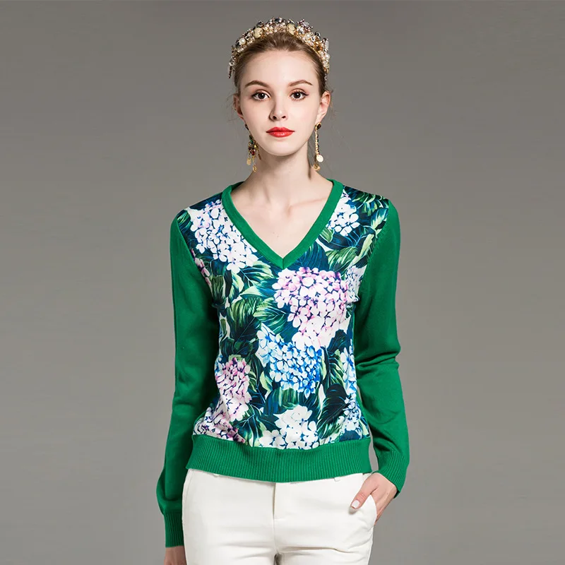 High quality new autumn/winter designer fashion sweater Women's long-sleeved v-neck printed green casual sweater