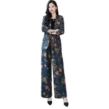 

New 2019 Spring Women OL Floral Print 2 Piece Sets Female Blazer Jacket And Wide Leg Trousers Set Ladies Plus Size 3XL Suits F21