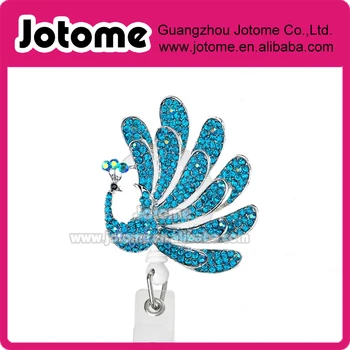 

Beautiful Stunning Blue Crystal Rhinestone Feathered Peacock Bird Nurse retractable ID card badge holder