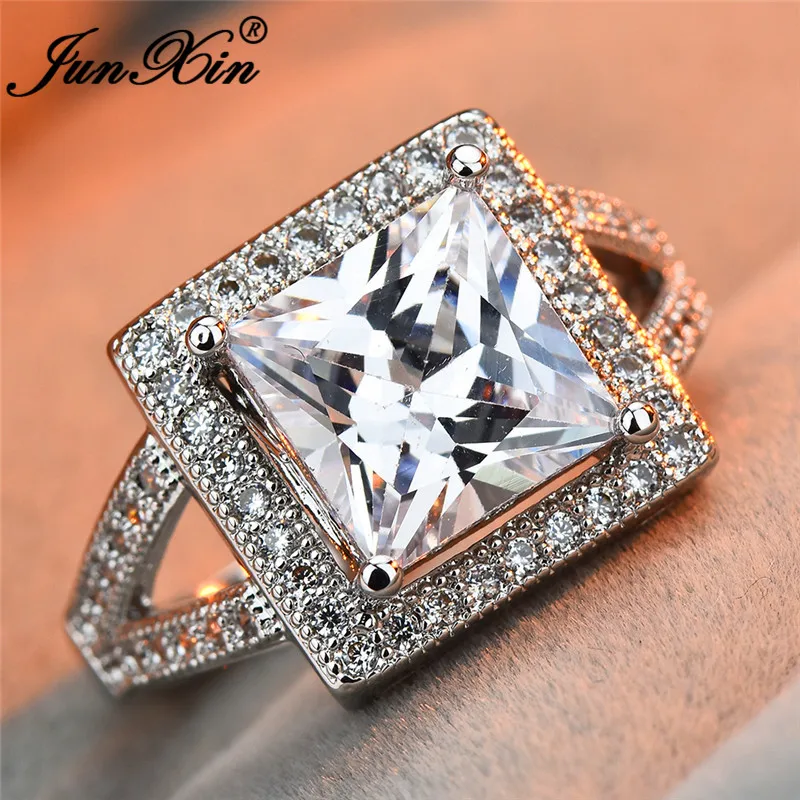 JUNXIN Female Austrian Crystal Princess Cut Stone Wedding Rings For Women 925 Silver Filled Big White Zircon Engagement Jewelry