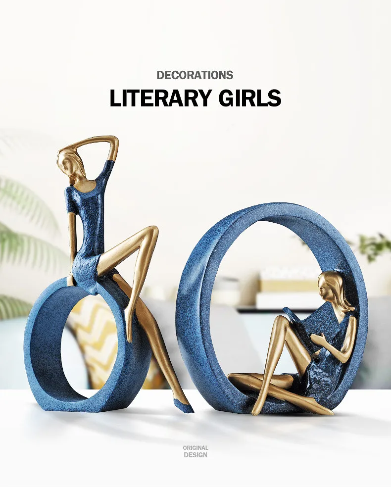 Смола абстрактная девушка сидя и девушка чтения с кругами статуя леди статуэтка подарок украшение дома аксессуары офис орнамент