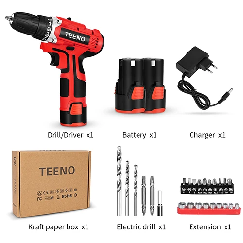 716-2set2 TEENO 12V Max Electric Screwdriver Cordless Drill Mini Wireless Power Driver DC Lithium-Ion Battery 3/8-Inch 2-Speed - Цвет: 716-2set2