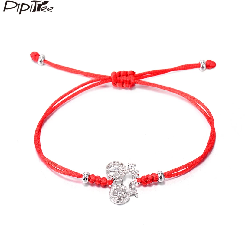 

Pipitree Nostalgic Art Style CZ Bicycle Charm Bracelets for Women Student Kids Customized Snake Knot Red String Bracelet Jewelry