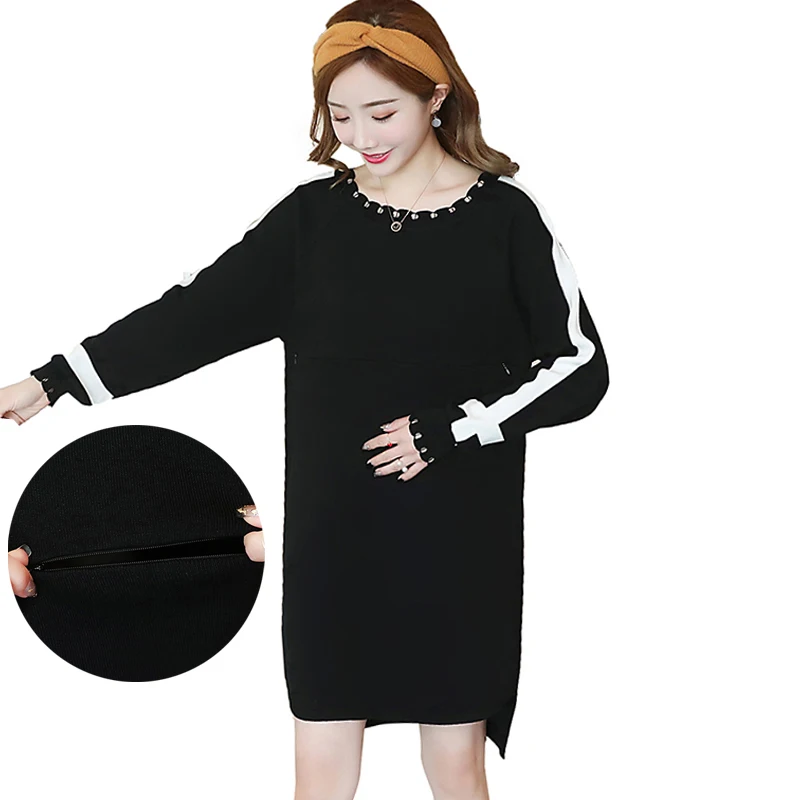 

Maternity Nursing Sweater Dress Knitted Side Stripes Hollow Breast Feeding Long Pullover for Pregnant Women Autumn Clothes Black