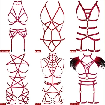 

Women Full Body Harness Bra Elastic Adjust Cupless Red Bra Hollow Out Strappy Garter Belt Punk Goth Rave Pentagram Lingerie