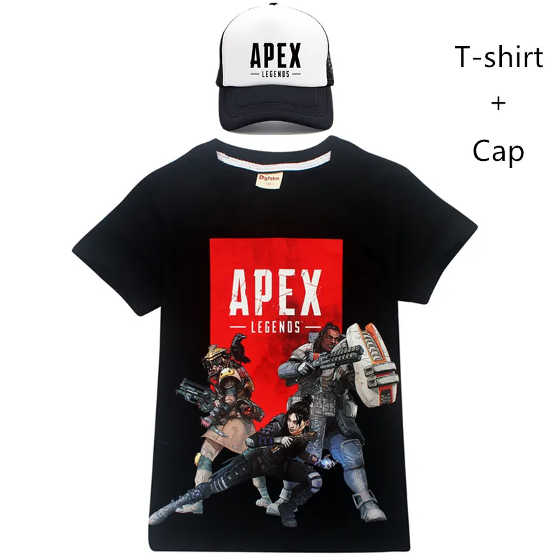 Коллекция года, красный топ, короткая футболка с героями игры Apex Legends детская повседневная одежда футболка из хлопка для мальчиков и подростков одежда для маленьких девочек+ Кепка - Цвет: t8435black-set