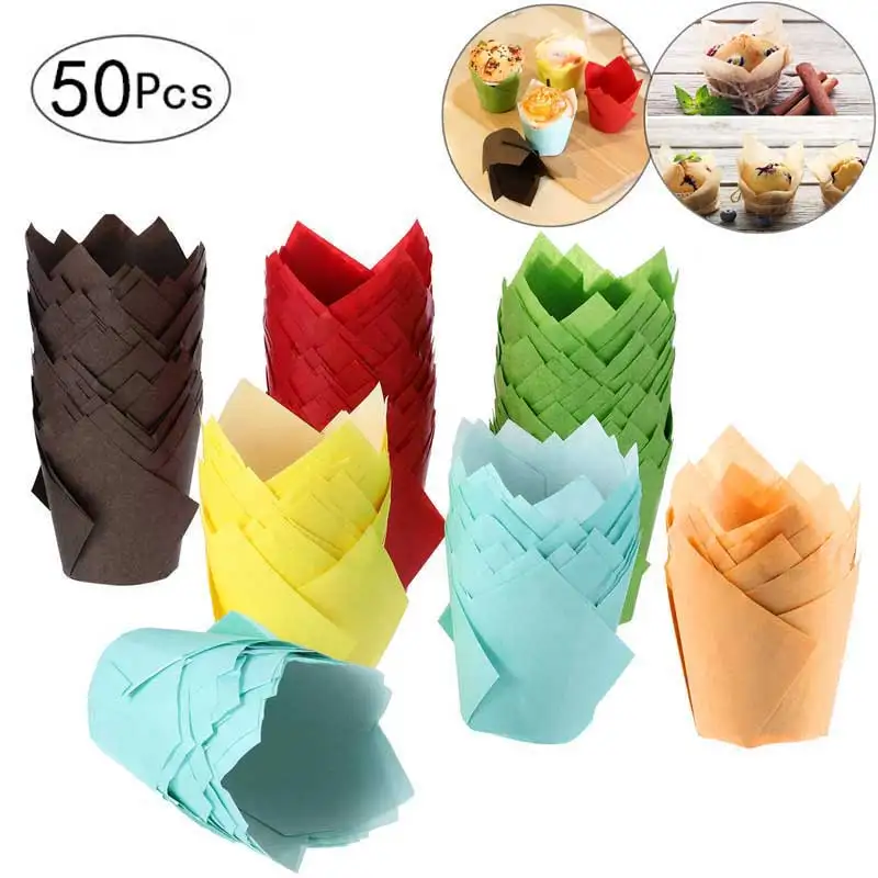 

50Pcs Tulip Cupcake Wrapper Disposable Paper Pastry Liner Baking Cups cupcake&Muffin Baking Mold Party Cake Decoration Supplies