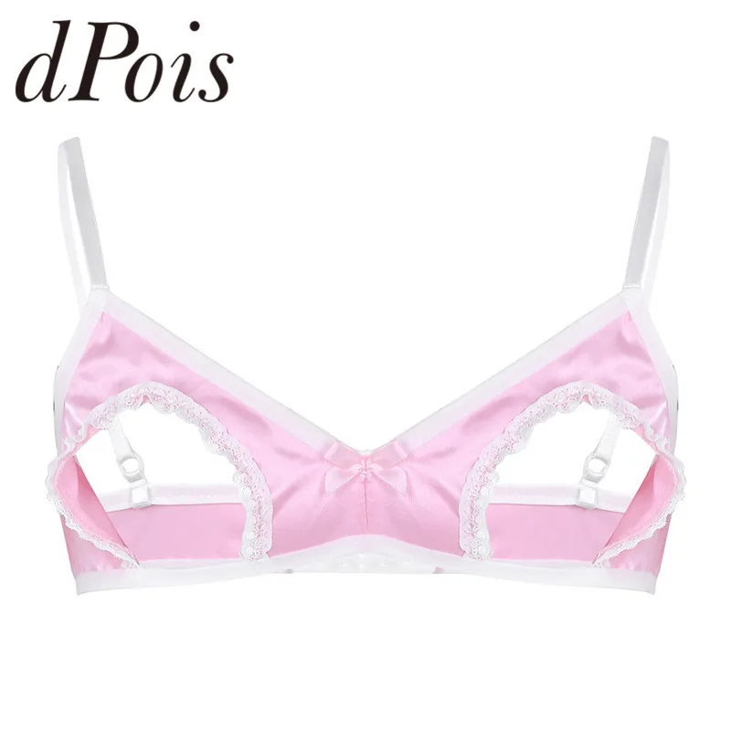 

Mens Sissy Lingerie Soft Smooth Satin Adjustable Spaghetti Straps Hollow Out Nipples Wire-free No Padded Bra Tops Sexy Underwear