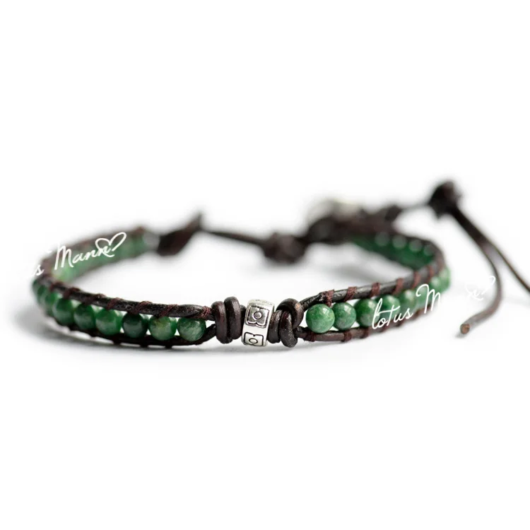 

Lotus mann green amazon stone silver beads decoration single-circle leather cord bracelet