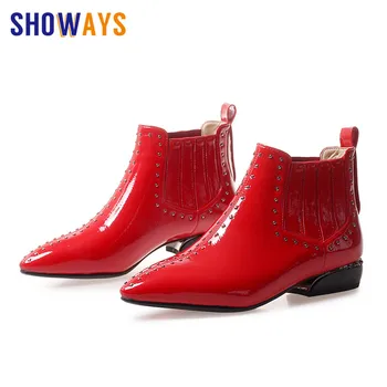 

British Women Rivet Plush Chelsea Boots Patent Leather Pointed Toe Square Heel Retro Winter Casual Lady Slip-on Stud Ankle Boots