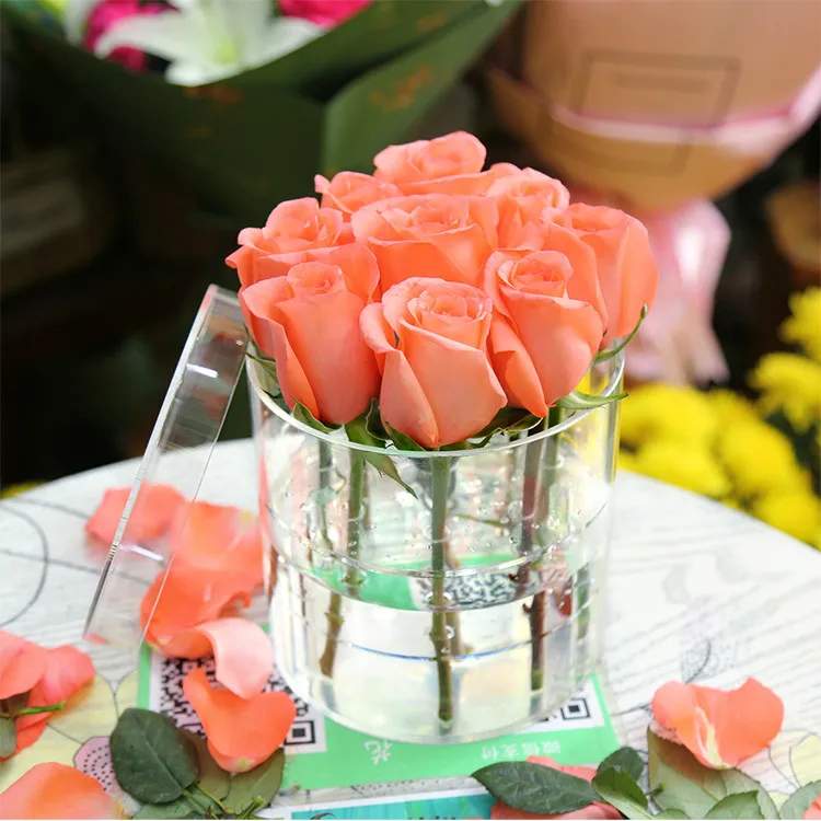 

Transparent Acrylic Round Rose Flower Box Florist Gift Box with Lid Birthday Anniversary Bouquet Wrapping Box Wedding DIY Decor