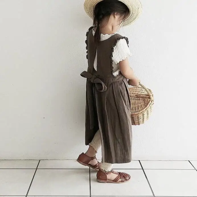 Ins/ детское платье в японском и корейском стиле для девочек, повседневное детское льняное платье принцессы с оборками - Цвет: Brown