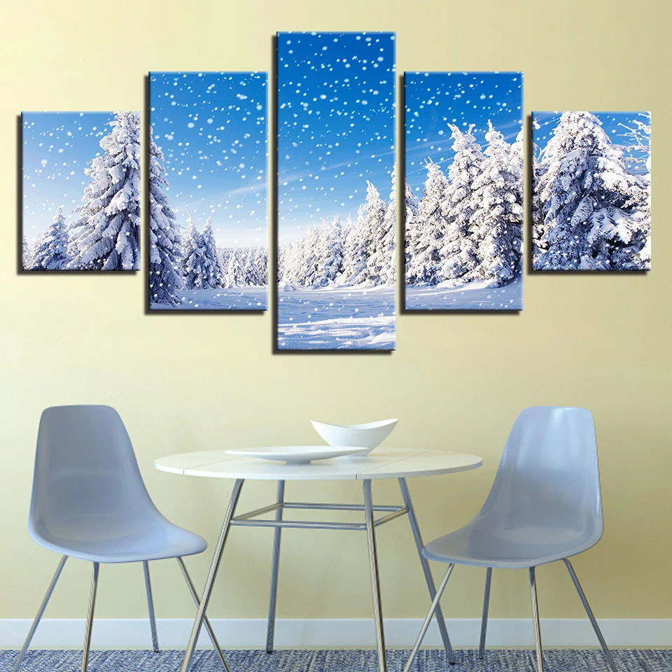 

Canvas HD Prints Pictures Wall Art Framework 5 Pieces Snow Scene Poster Christmas Pine Trees Snowing Paintings Living Room Decor
