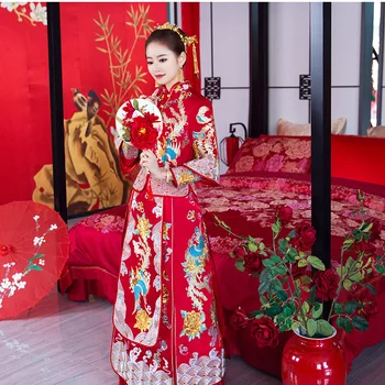 

Plus Size 4XL 5XL 6XL 7XL Traditional Women Chinese Wedding Qipao Loose Cheongsam Red Oriental Dresses Embroidery Clothing