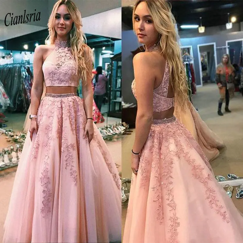 Pink Two Pieces High Neck Long Evening Dresses With Crystal Sashes Beading Appliques Lace Open Back Formal Evening Party Dress