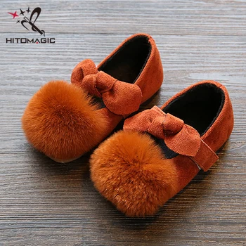 

HITOMAGIC 2018 Girls Princess Shoes Children Kids Fashion Casual Shoes Wedding With Fur Bowknot Hooks Flat Moccasins Spring
