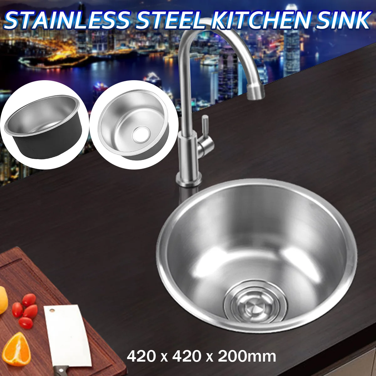 

Xueqin 201Stainless Steel Round Type Deep Kitchen Basin Under/Topmount Laundry Single Round Bowl Wash Sink 420x420x200mm